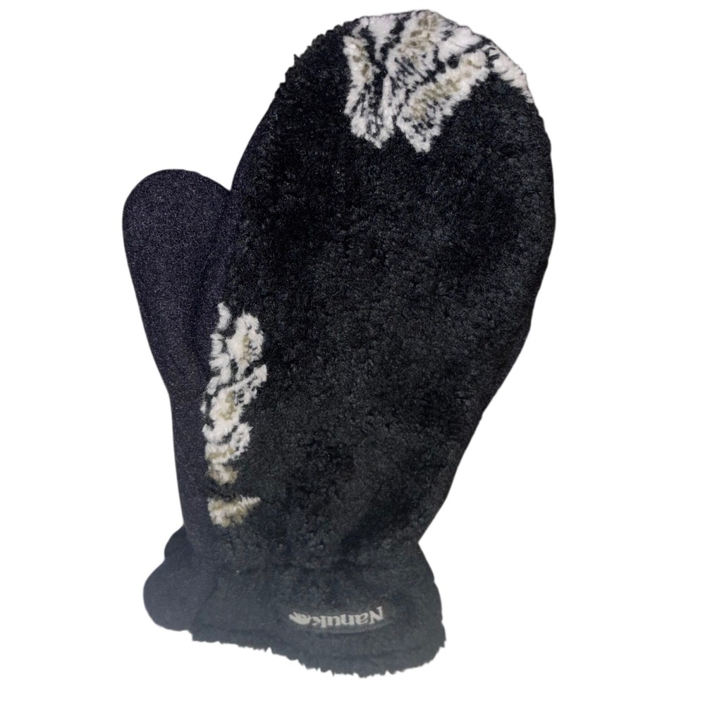 Nanuk | Medium | Black Fleece Mittens | Floral Pattern Mitts | Made in Canada